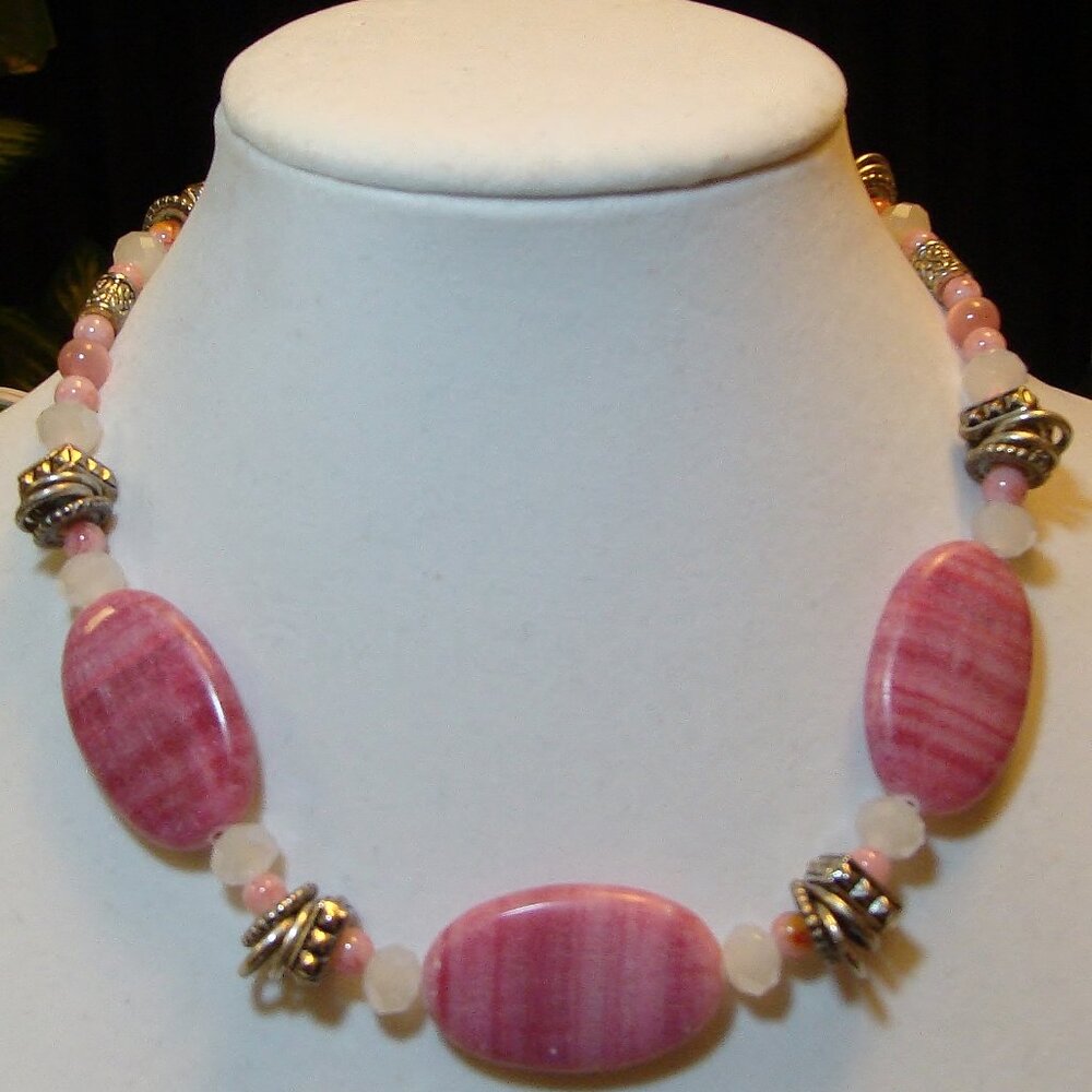 Custom Jewelry, Pink & White Oval Stones, White & Pink Beads with Silver Accents